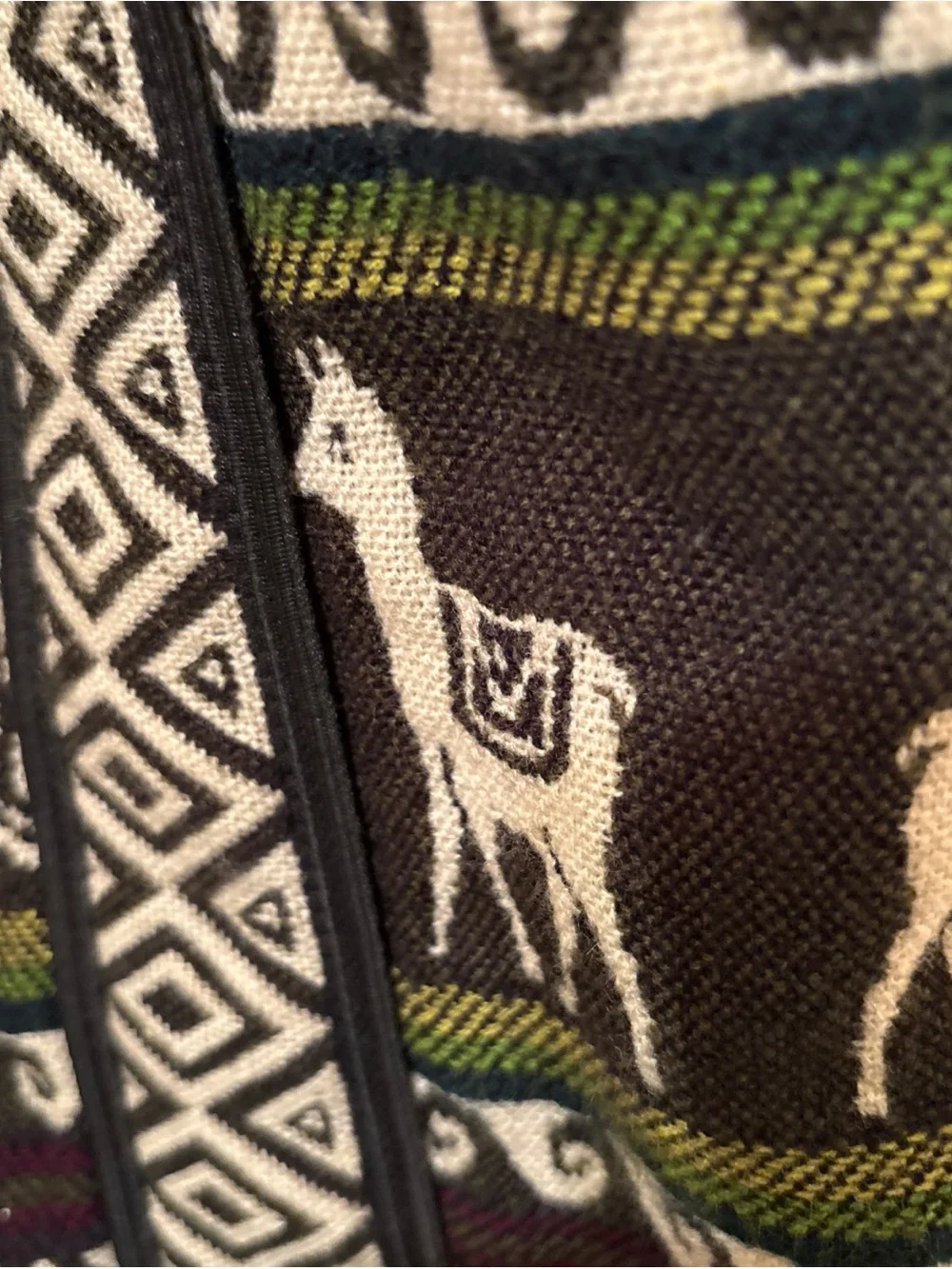 Indigenous Tribal Print Duffel Bag - Black, Cream & Burgundy with animal/lamas.